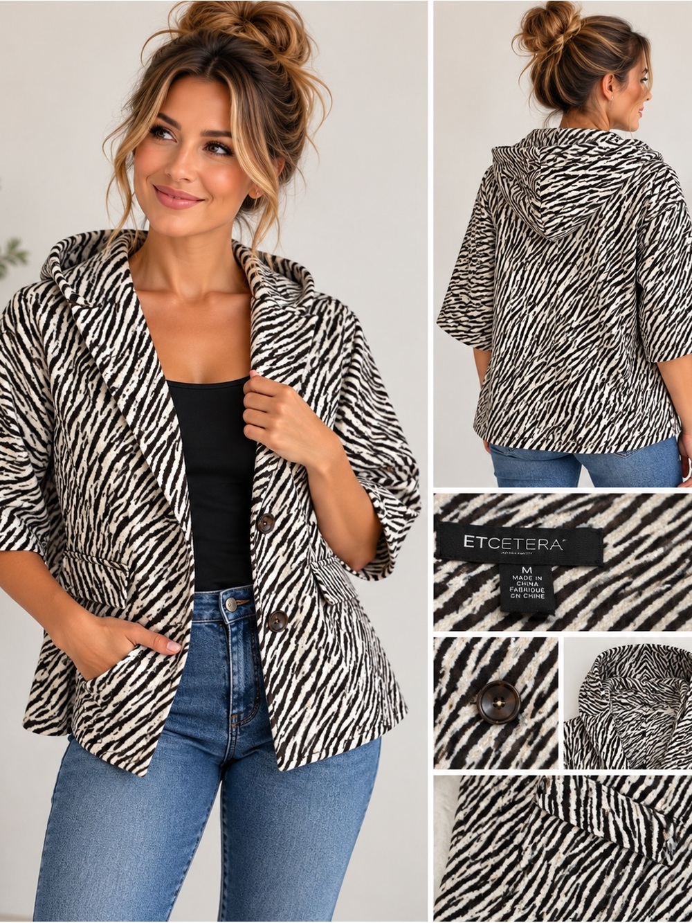 Etcetera Zebra Animal Print Wool Blend Hooded Sweater Jacket Size S
